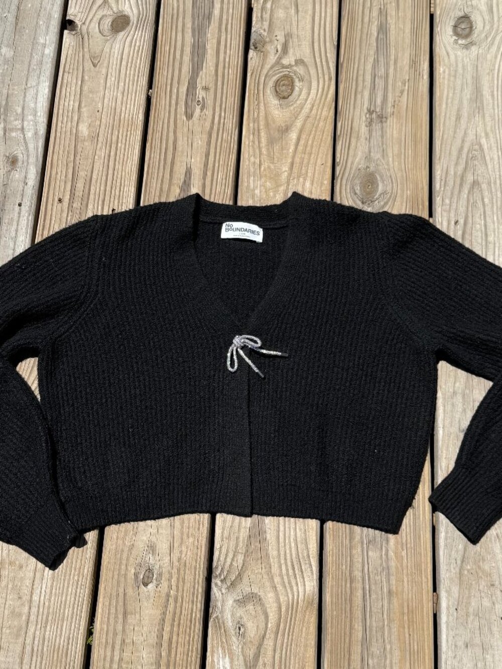 Rhinestone Bow black cropped Cardigan Coquette Balletcore Y2K sz LG 3575